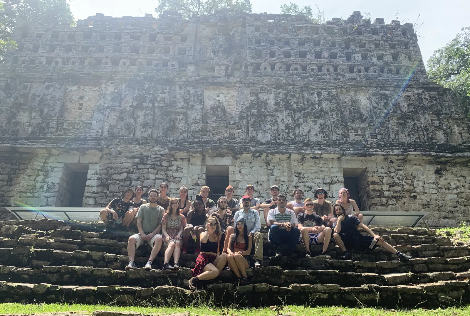 A Community Garden group on the steps of a temple at Yaxchilán